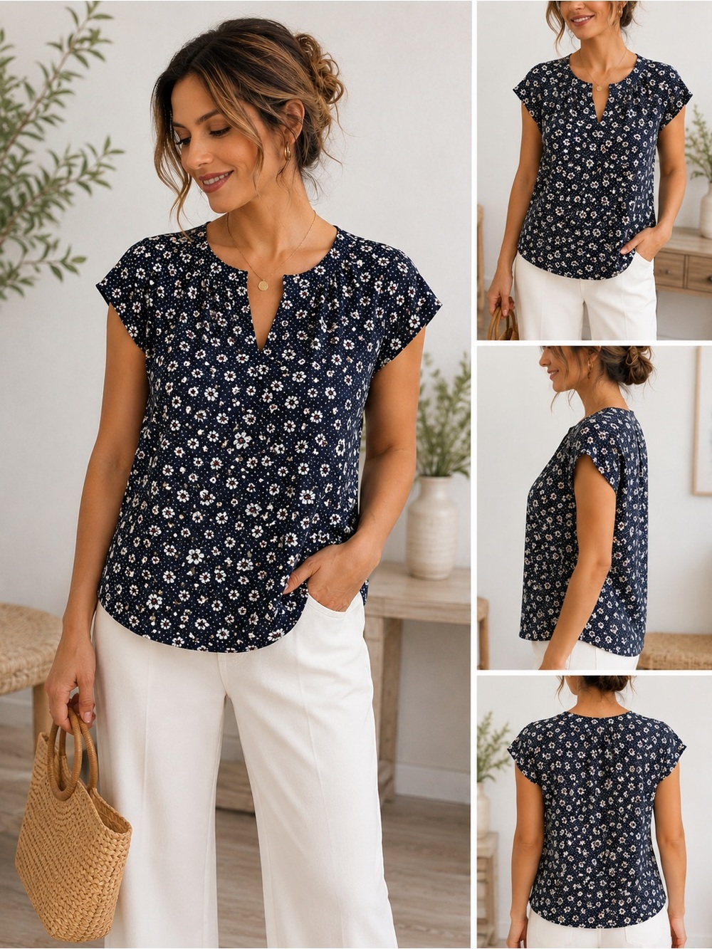 Fun2Fun XS Ditsy Floral Short Sleeve Blouse Black White Cottagecore
